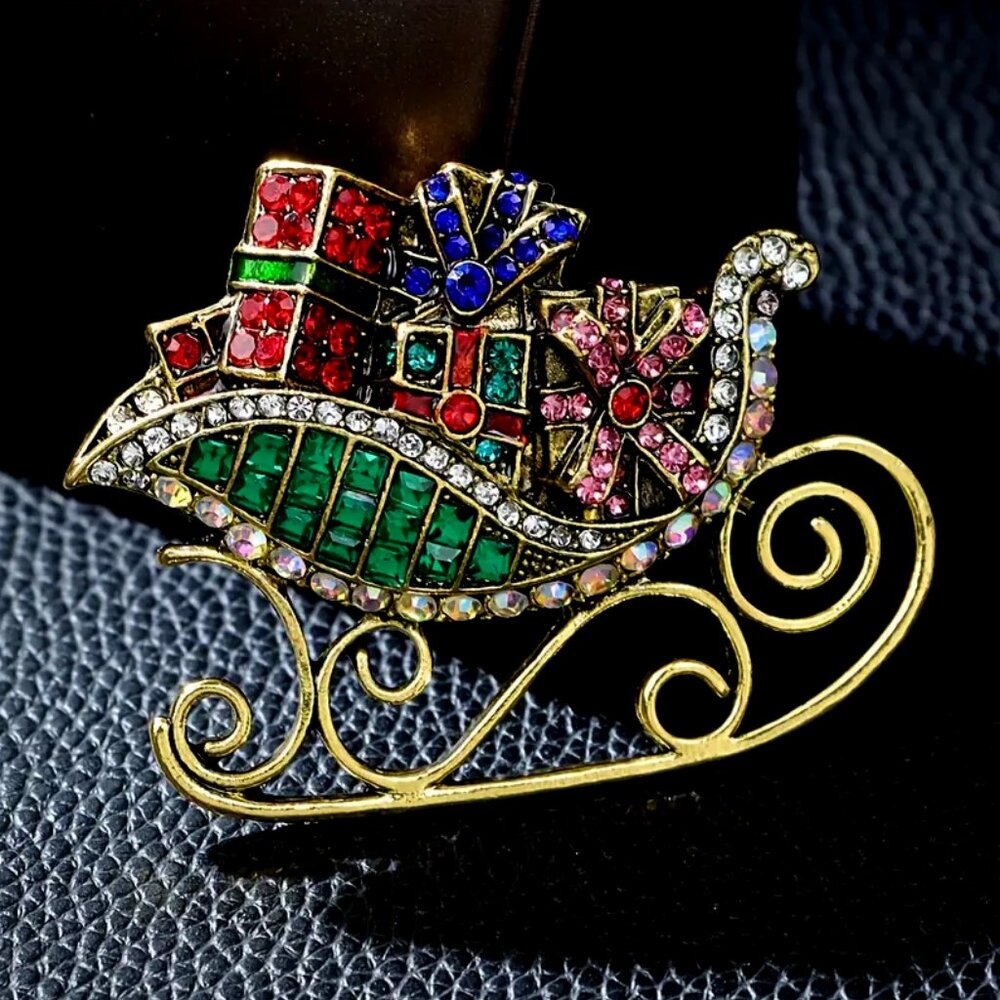 Large Vintage Style Inlaid Rhinestone • Christmas Sleigh Brooch